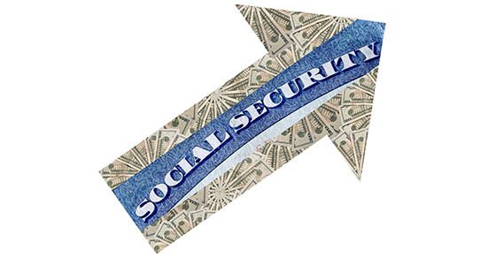 social security goes up as shown by arrow made of twenty dollar bills with rising inflation