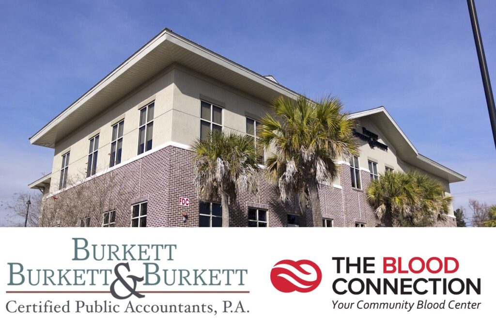 Burkett Burkett & Burkett CPAs office with company logo and The Blood Connection logo on the bottom of the image